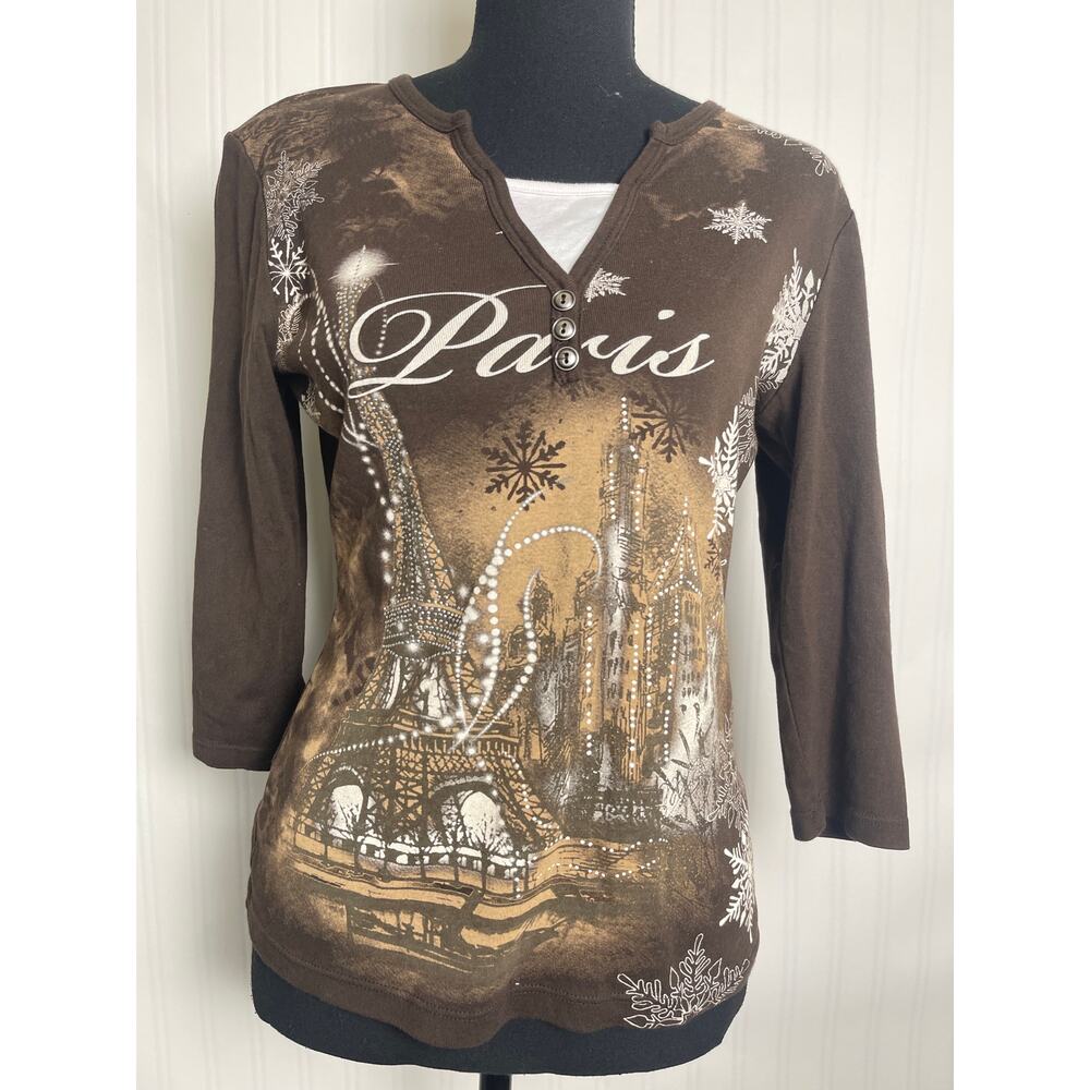 Blue Canion Y2K Paris Rhristones Hanley Shirt 3/4 Sleeve Baroque Burnout Size M